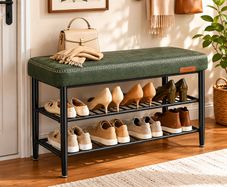 Shoe Storage Bench with Cushioned Seat  Faux Leather Entryway Bench