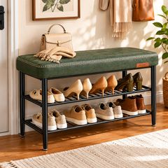 Shoe Storage Bench with Cushioned Seat  Faux Leather Entryway Bench