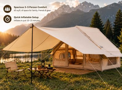 Inflatable Camping Tent 3 to 5 Person with Canopy Stove Jack and Air Pump