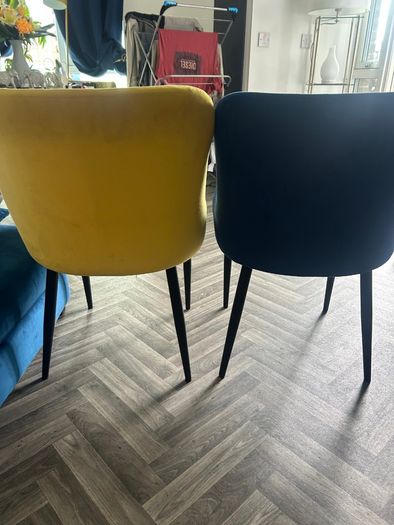 4 velvet dining chairs - 2 blue and 2 yellow