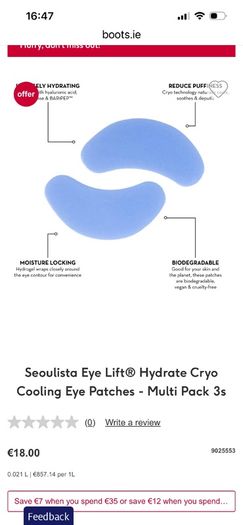 Seoulista Hydrate Eye Lift Cryo Cooling Eye Patches 3 Pack
