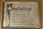 Vintage hand painted calligraphic "Bless This House" framed bespoke  picture, religious devotional item 1950s 1960s prop
