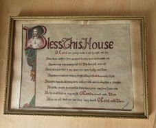 Vintage hand painted calligraphic "Bless This House" framed bespoke  picture, religious devotional item 1950s 1960s prop