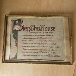 Vintage hand painted calligraphic "Bless This House" framed bespoke  picture, religious devotional item 1950s 1960s prop