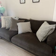 3 seater sofa with brown stained legs & Helen Turkington cushions