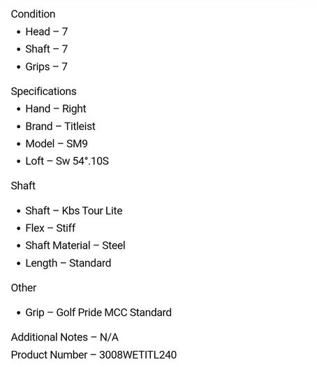 Titleist SM9 Wedge Sw 54 Degree.10S / Kbs Tour Lite Stiff