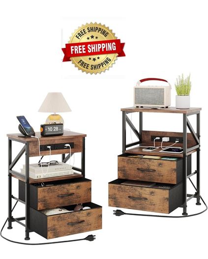 2 PCS Bedside Table with Power Strip, Bedside Cabinet with 2 Drawers, Bed Side Table for Bedroom, Night Stand, 2 AC Outlets, & 2 USB Ports, Side Table with Metal Frame, Rustic Brown