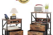2 PCS Bedside Table with Power Strip, Bedside Cabinet with 2 Drawers, Bed Side Table for Bedroom, Night Stand, 2 AC Outlets, &amp; 2 USB Ports, Side Table with Metal Frame, Rustic Brown