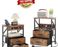 2 PCS Bedside Table with Power Strip, Bedside Cabinet with 2 Drawers, Bed Side Table for Bedroom, Night Stand, 2 AC Outlets, & 2 USB Ports, Side Table with Metal Frame, Rustic Brown