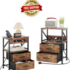 2 PCS Bedside Table with Power Strip, Bedside Cabinet with 2 Drawers, Bed Side Table for Bedroom, Night Stand, 2 AC Outlets, & 2 USB Ports, Side Table with Metal Frame, Rustic Brown