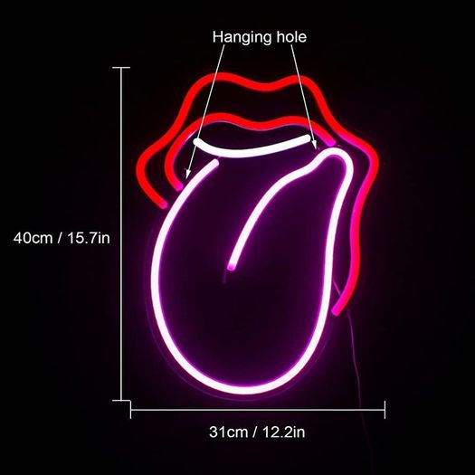 Lips Neon Sign Flame Red Lips Big Tongue Shape Neon Signs for Wall Decor, Red-Pink Neon Light for Bedroom, USB Power Led Neon Light Sign for Game Room,Pub Home,Bar,Club,Party,Gift