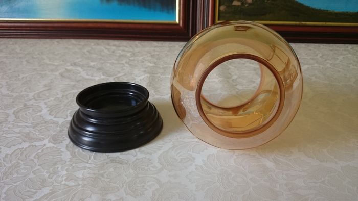 Vintage Etched Amber Glass Hurricane Lamp With Black Base Stand