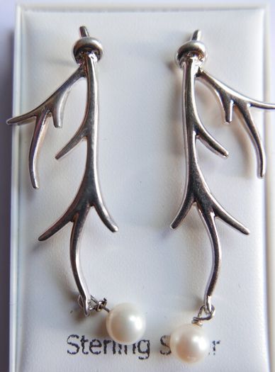 Vintage Sterling Silver 925 Antler Earrings Feature a Unique Branch-like Design Accented with Dangling White Pearls