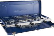 Chef Folding Double Burner Stove and Grill, compact gas cooker for camping or festivals, Blue