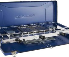 Chef Folding Double Burner Stove and Grill, compact gas cooker for camping or festivals, Blue