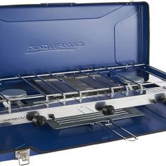 Chef Folding Double Burner Stove and Grill, compact gas cooker for camping or festivals, Blue