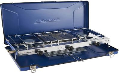 Chef Folding Double Burner Stove and Grill, compact gas cooker for camping or festivals, Blue