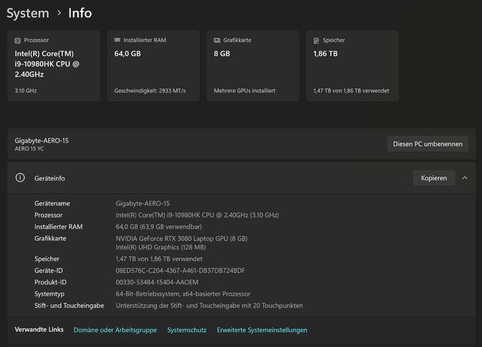 Creator/gaming laptop Gigabyte AERO 15 OLED YC  i9 / RTX 3080 / 4K OLED / 64GB RAM