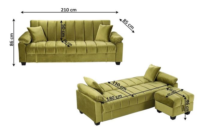Sofa Bed with Storage & Pouffe 210cm Yadhi Grey 3 seater