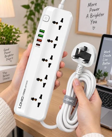 LDNIO SC5415 Surge Fast charging Power Strip with 5 Ac Outlets & 4USB Charging Ports 2m Extension PD power Soket - White
