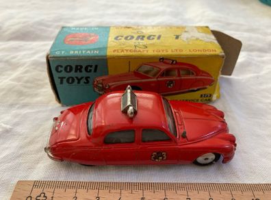 Corgi 213. Jaguar 2.4 Fire Service car. Boxed . Box and model in excellent condition (1959/61)