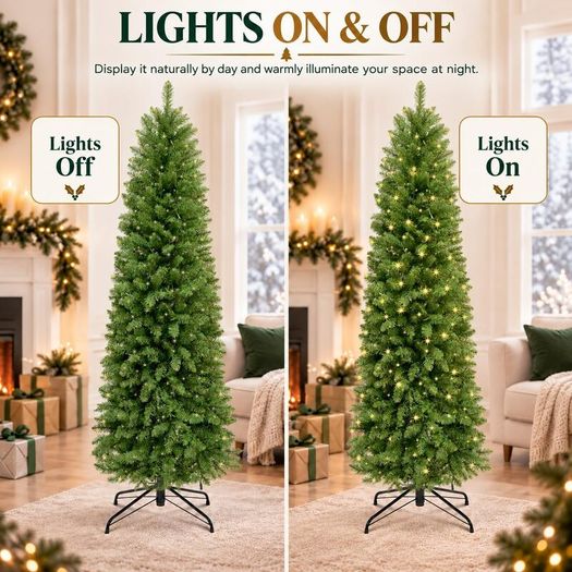 8FT Slim Pre-Lit Artificial Pencil Christmas Tree