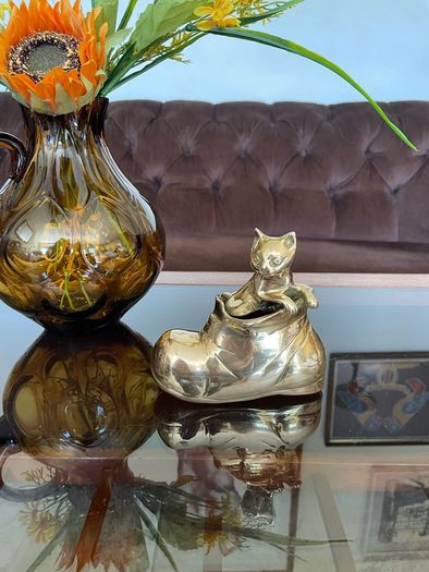 Vintage MCM Solid Brass Small Kitty Cat in a Boot Whimsical Sculpture