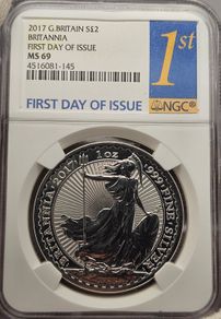 Great Britain 2017 Silver 1oz 2 Pounds Britannia NGC MS69 First Day of Issue