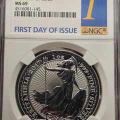 Great Britain 2017 Silver 1oz 2 Pounds Britannia NGC MS69 First Day of Issue