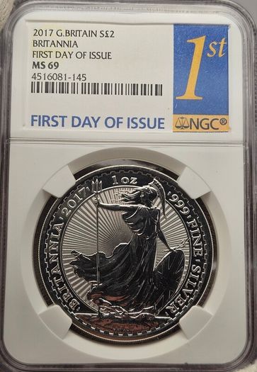 Great Britain 2017 Silver 1oz 2 Pounds Britannia NGC MS69 First Day of Issue