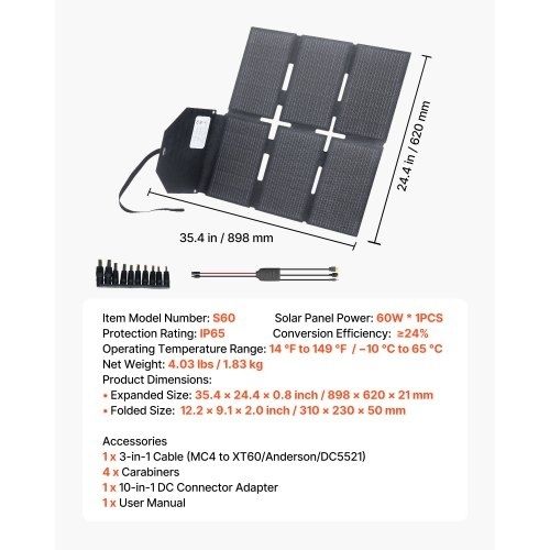 60W Foldable Solar Panel Charger, 16BB N-Type Monocrystalline Solar Panel 24% Efficiency, Lightweight Portable with MC4 Output, Type-C, USB-A & DC Ports for Power Stations Camping Hiking