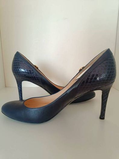 L.K. Bennett London Navy Leather & Croc-Effect Heels - EU 40