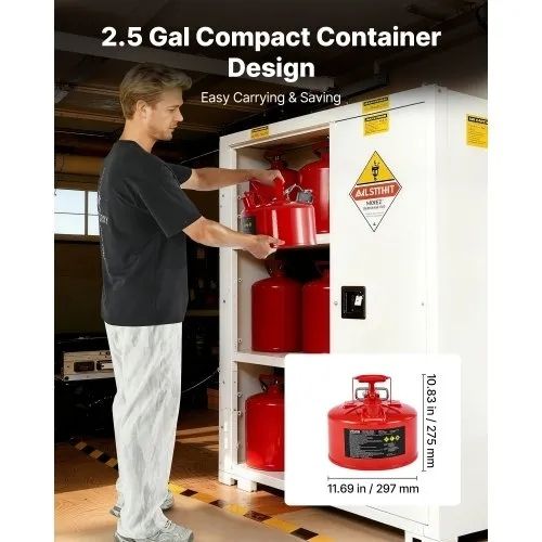Safety Gas Can, 9.5 L Type II Red Safety Can for Gasoline with Stainless Steel Flame Arrester, Self-Closing Lid, and Flexible Metal Spout, Carbon Steel Flammable