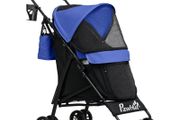 Foldable Dog Stroller, Lightweight Dog Pram w/ Shoulder Strap, Storage Bag, Cup Holder, Dark Blue