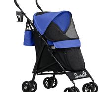 Foldable Dog Stroller, Lightweight Dog Pram w/ Shoulder Strap, Storage Bag, Cup Holder, Dark Blue