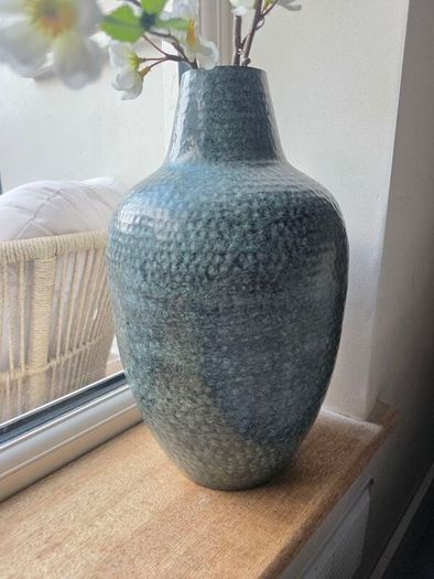 Metal Vase & Fake Peach Blossom Flowers