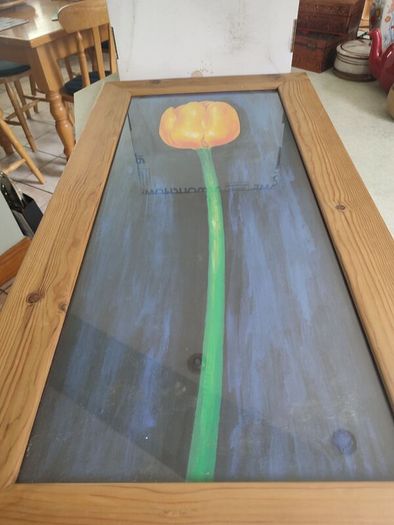 Lovely Framed Print Of Yellow Tulip On Blue In Tall Pine Wood Frame.