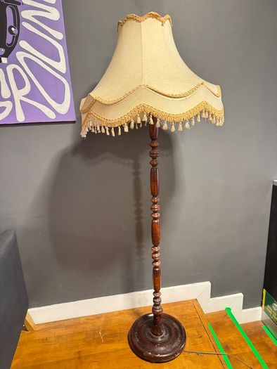 Vintage wooden standard lamp, fringe lampshade