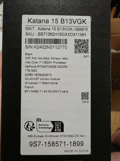 Msi Katana 15 B13vgk | I7-13620h | Rtx 4070 8gb | 16gb Ddr5 | 1tb Ssd | 144hz Ips | Warranty | Box & Charger