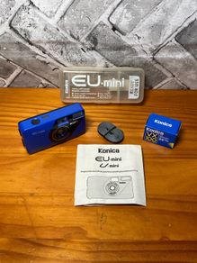 Konica EU-Mini 35mm Point & Shoot Film Camera Rare Blue Unit With Case Flash Tested.