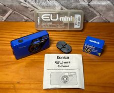 Konica EU-Mini 35mm Point & Shoot Film Camera Rare Blue Unit With Case Flash Tested.