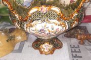 Beautiful Old Decorative Majolica Centerpiece Features a Handle and Scalloped Edges with Floral and Lattice Patterns, characterized by its colorful glazes and intricate molded designs, This type of pottery was popular in the 19th and early 20th centuries,