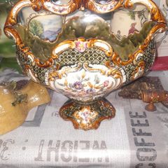 Beautiful Old Decorative Majolica Centerpiece Features a Handle and Scalloped Edges with Floral and Lattice Patterns, characterized by its colorful glazes and intricate molded designs, This type of pottery was popular in the 19th and early 20th centuries,