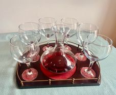 Vintage Wine Decanter Set 6 Large Goblets Brass Gallery Wood Tray