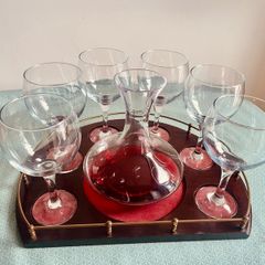 Vintage Wine Decanter Set 6 Large Goblets Brass Gallery Wood Tray