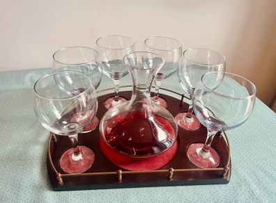 Vintage Wine Decanter Set 6 Large Goblets Brass Gallery Wood Tray