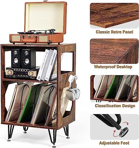 Rustic Record Player Stand, End Table with Record Storage, Vinyl Record Storage Cabinet Holder with Metal Legs, Turntable Stand Record Player Cabinet for Living Room, Bedroom, Holds 160 Albums