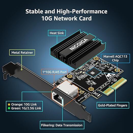 10Gb Base-T PCI-e Network Card, Marvell AQC113 Controller, NICGIGA 10Gb Ethernet Adapter Support WOL, 10Gbe RJ45 Port NIC Card, Windows10/11/Windows Server/Linux