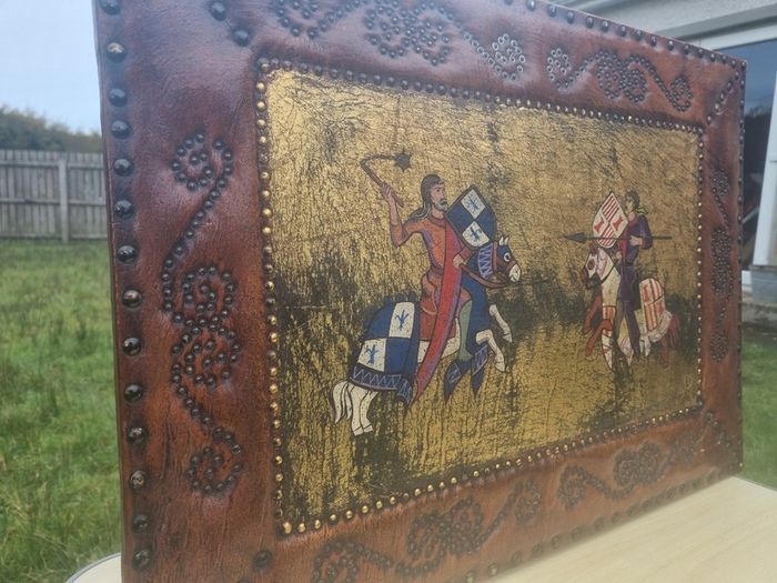 Vintage large leather painting of a medieval knights duel