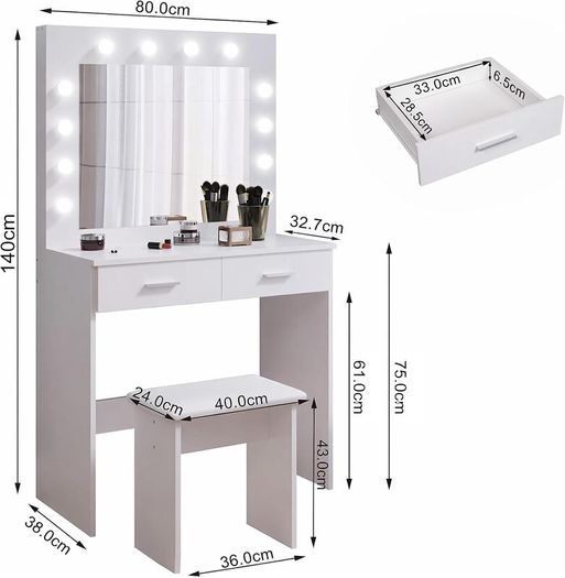 LED Dressing Table Set Vanity Makeup Table 2 Large Drawers (Black White)
